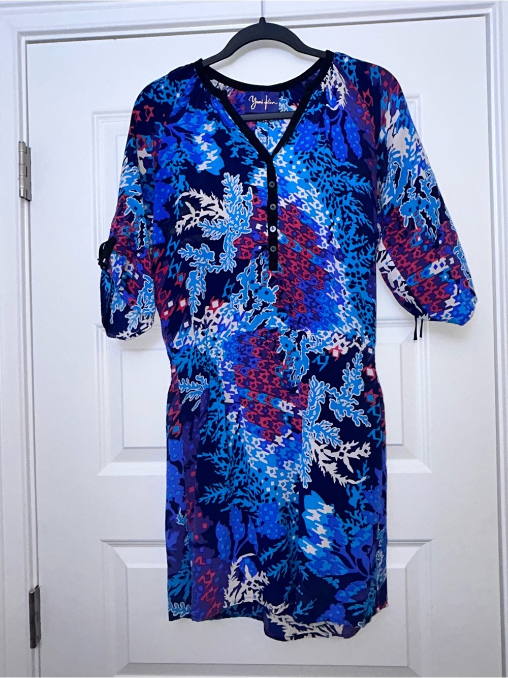 Yumi Kim 100% Silk 1/4 Button Front Roll Tab Sleeve Tunic Shift Dress
